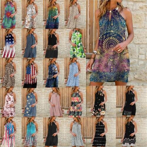 34 styles Women Sexy Halter Dress Backless Sleeveless Hang Neck Plaid Printed Dress Summer Loose Dress For Lady Flower Dresses