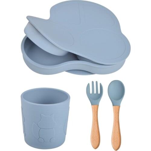 4Pcs/Set Cute Car Shape Children Feeding Divided Plate with Lid Silicone Cup Spoon Fork Kit Baby Suction Bowl Infant Dinnerware