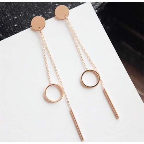 YUN RUO Brand Rose Gold Color Round Tassel Stud Earring Line Woman Girl Gift 316 L Stainless Steel Fashion Jewelry Never Fade
