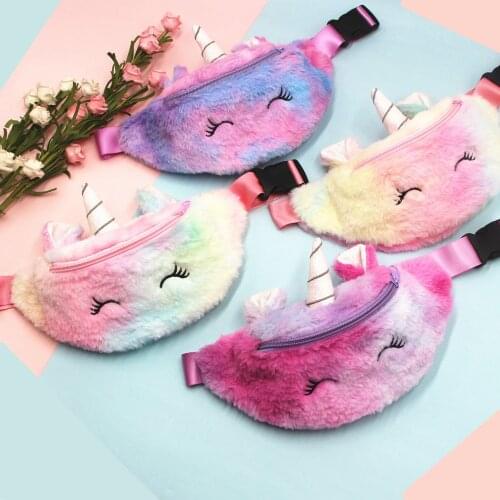 Cute Unicorn Girls Waist Bag Childrens Fanny Pack Plush Toys Belt Gradient Color Chest Bag Cartoon Coin Purse Travel Chest Bag
