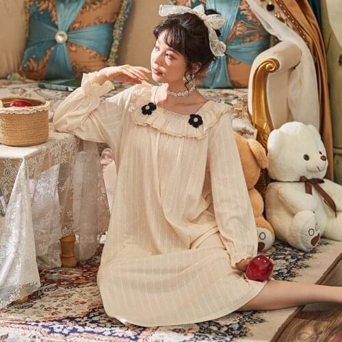 Long Nightdress Autumn Womens Nightgowns Floral Lace Night Dress Ladies Cotton Vintage Sleepwear Long Sleeve Dressing Gowns 5XL