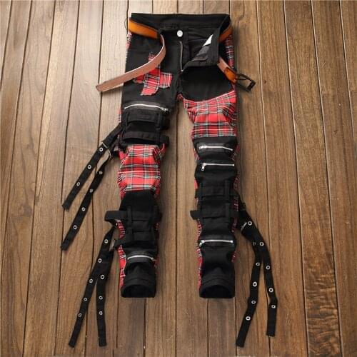 New Style South Korean Retro Personality Lacing Jeans Mens Zipper Plaid Small Foot Straight Pants Casual Fashion Trousers