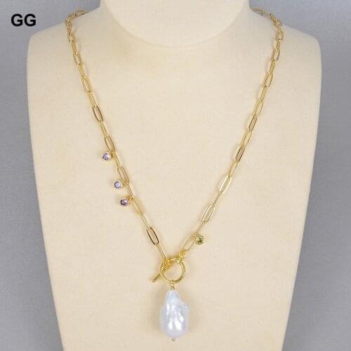 GuaiGuai Jewelry Natural Cultured White Keshi Pearl Baroque Pearl Pendant Four Seasons Chocker Chain Necklace 18" For Women