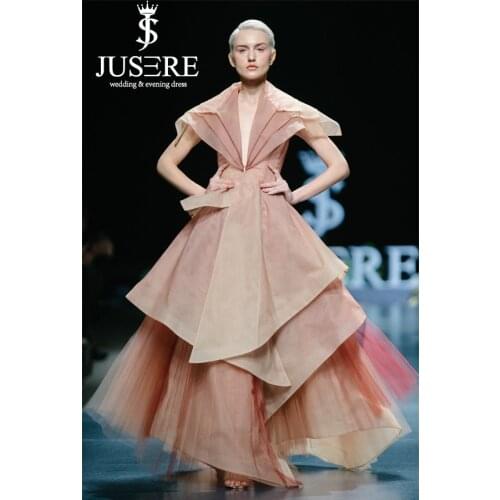 JUSERE 2019 SS FASHION SHOW Deep V-Neck Short Sleeve Long Champagne Evening Dress Pleat Formal Gowns Robe De Soiree