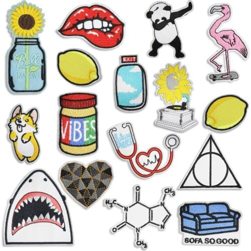 Lemon Flamingo Shark DIY Iron On Patches Cloth Mend Decorate Clothes Apparel Sewing Decoration Applique Badges Heart Flower Sofa