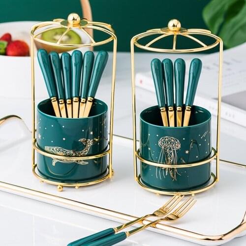6pcs Household Fruit Forks Set Luxury Kitchen Flatware Emerald Ceramic Handle Stainless Steel Forks With Gold Metal Holder