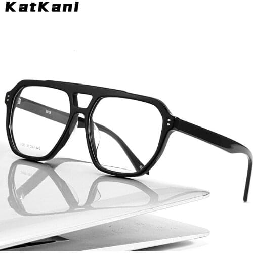 KatKani New Mens Double Beam Big Frame Retro Sheet Eyeglasses Frame Fashion Transparent Optical Prescription Glasses Frame 3019