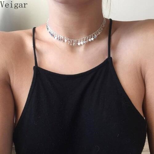 Silver Color Stars Choker Necklace 2018 Fashion Jewellery Delicate Star Tassel Ladies Necklaces for Women Kettingen Voor Vrouwen