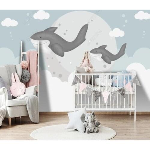 Papel de parede hand-painted cartoon dolphin shark landscape painting childrens room 3D wallpaper mural,living room home decor