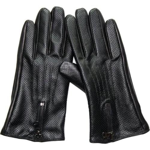 New winter warm Mens sheepskin leather gloves fashion metal zipper black genuine leather Driving Gloves Male