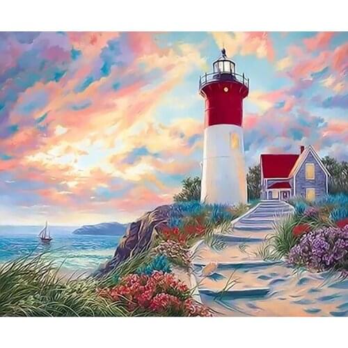 Frame DIY Painting By Numbers Kits Seaside Lighthouse Hand Painted Oil Paint By Numbers For Hand Painted Home Deco Art Diy Gift