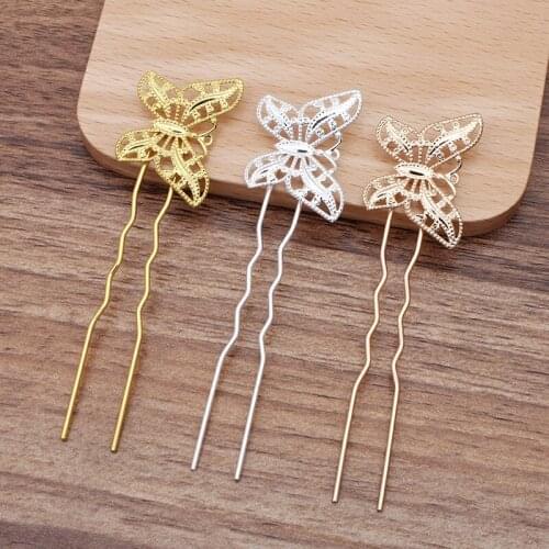 20PCS 22*31mm Butterfly Hair Sticks Settings 75*10mm Copper U Shape Hair Pins Base DIY Accessories For Jewelry Making