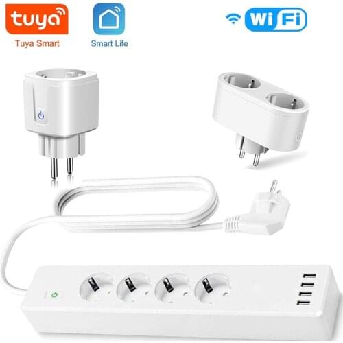 Tuya WiFi Power Strip 2 In 1 Double Outlets 4 EU Extension Socket 4 USB Port 1.8M Extension Cord Smart Life Works Goodle Home