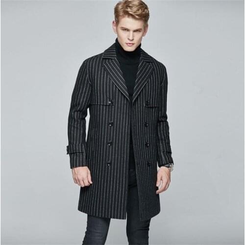Windbreaker woolen coat mens striped wool coats black пальто мужское autumn winter youth handsome fashion casual mid-length