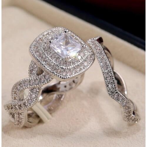 Vintage Female Round Crystal Stone Ring Set Charm Gold Silver Color Wedding Rings For Women Luxury White Zircon Engagement Ring