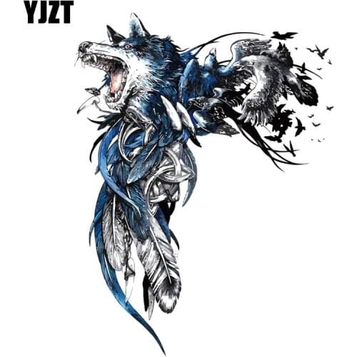YJZT 13.2CM*17.6CM Fashion Wolf And Feather Decal PVC Motorcycle Car Sticker 11-00500