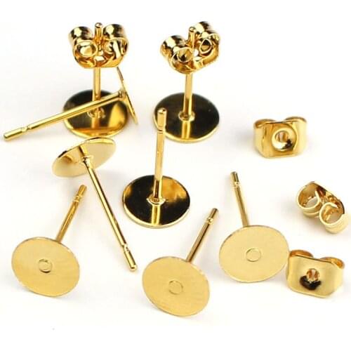 40pcs/lot 3 4 5 6 8 10 12mm Gold Color Stainless Steel Blank Post Earring Studs Base Pins Ear Back with Plugs Diy Jewelry Making