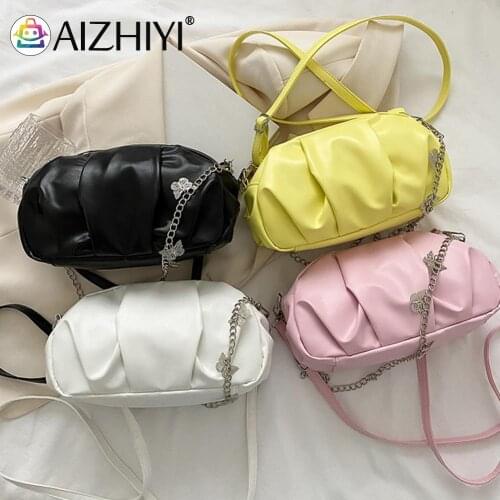 Retro Women Pleated Cloud PU Leather Shoulder Crossbody Messenger Bag Casual Ladies Solid Color Butterfly Chain Purse Handbags