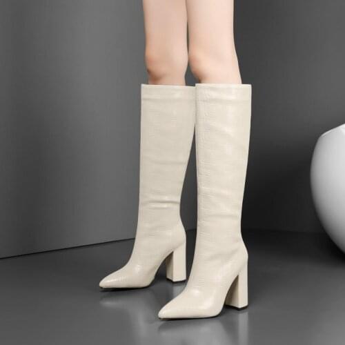 Women High Heels Knee High Boots Pointed Toe Square Root Shoes Designer Shoes Brown Beige Black Red Winter Boots Large 34- 43
