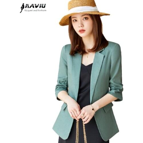 Cotton Linen Green Blazer Women Summer 2021 New Fashio Casual Slim Half Sleeve Jacket Office Ladies Work Coat