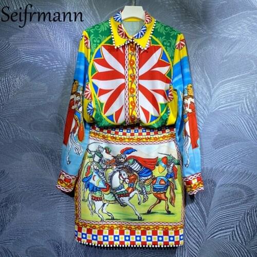 Seifrmann New 2021 Autumn Women Fashion Designer Skirts Set Long Sleeve Vintage Printed Shirt + High Waist Pencil Skirts Suits