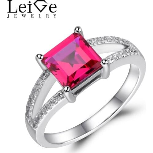 Leige Jewelry Lab Ruby Ring Red Gemstone Engagement Promise Rings for Women Silver 925 Fine Jewelry Square Cut Double Band