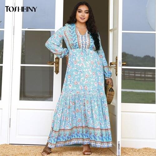 Tosheiny Women New Autumn Plus Size Dresses Boho Print Elegant Vestidos Casual Long Sleeve V Neck Maxi Party Curve 4XL 3XL 2XL