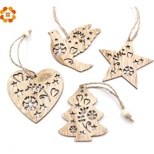 12PCS DIY Heart&Star&Tree&Bird Wooden Pendants Ornaments Xmas Tree Ornaments Home Wedding/Christmas Party Decorations Kids Gift