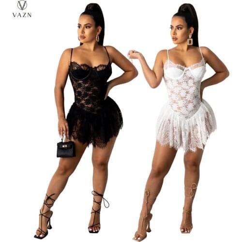 VAZN 2020 Sleeveless Lace Up Hole Out Age reduction Formal Sleeveless Mini Dresses Evening Gown Women Elegant Sexy Dress