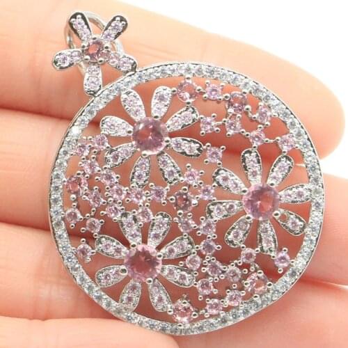 47x37mm Ravishing Created Pink Kunzite White CZ Gift For Womans Jewelry Making Silver Pendant