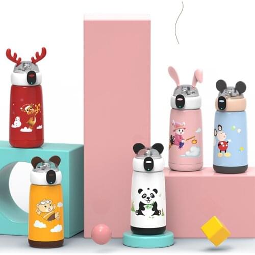 500ml Cartoon Smart Temperature Display Child Thermos Cup Portable Pressing Straw Style Water Bottle Keep Warm Cold 24hours