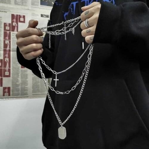 Punk Cross Square Metal Multilayer Hip hop Long Chain Cool Simple Necklace For Women men Rectangle Tag Necklace Jewelry Gifts