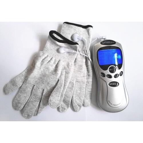 Whole English keys Care Electric Tens Acupuncture Full Body Digital Therapy Massager +Silver conductive fiber Massage gloves