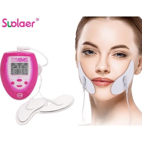 Electric Slimming Facial Massager V-Face Trainer Jaw Exerciser EMS Face Body Pulse Muscle Stimulator With Electrode Pads