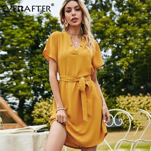 EVERAFTER Vintage Solid Color Women Dress Shirt V-neck Short Sleeve Sashes Holiday Summer Casual Dress Yellow Ladies Midi Dress