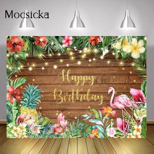 Flamingo Happy Birthday Background Summer Tropical Tribe Aloha Party Backdrop Rustic Wood Green Leaves Flowers Pineapple Photo