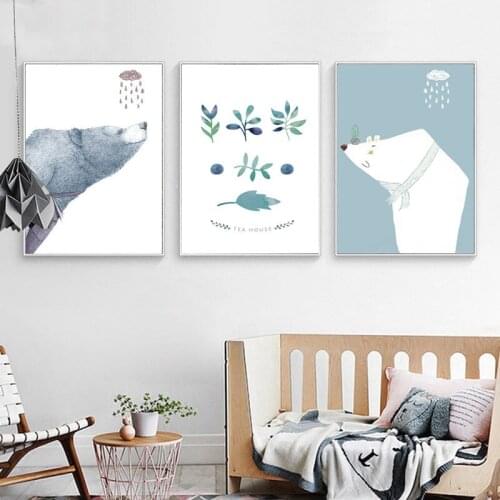 HAOCHU Hand draw Animals Nordic Canvas Art Print Painting Giclee Poster White Polar Bear Wall Pictures For Kids Room Decoration