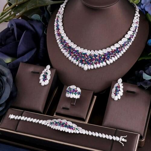 Janekelly 4pcs Bridal Zirconia Full Jewelry Sets For Women Party, Luxury Dubai Nigeria CZ Crystal Wedding Jewelry Sets