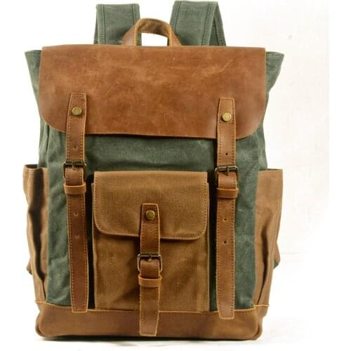 VZVA Retro Outdoor Canvas Splicing Crazy Horse Leather Backpack Oil Wax Waterproof Computer School Bag Unisex