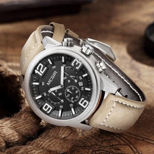 MEGIR 2021 Big Dial Sport Watch Men Fashion Waterproof Chronograph Quartz Wrist Watches Clock Male Hour with Leather Strap