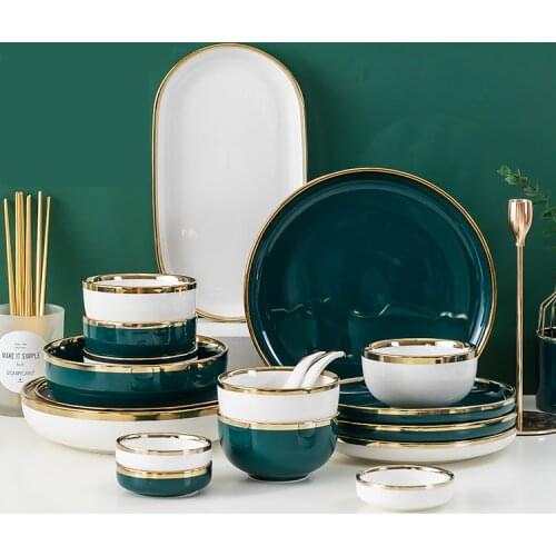 Luxury green ceramic tableware set gold inlaid porcelain dessert plate steak dessert cake plate salad soup rice bowl wholesale