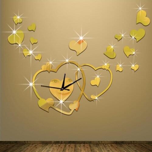 Heart-to-heart wall clock Mirror wall clock stickers europe Cartoon clock Mirror DIY wall clock Decorative home wallsticker