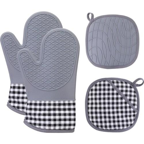 New Silicone and Cotton Gloves Thick Silicone Insulation Pad Set Lattice Pattern Kitchen Oven Baking Gloves