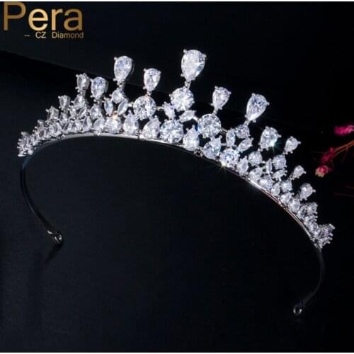 Pera Clean White Water Drop Cubic Zirconia Wedding Banquet Party Women CZ Jewelry Big Crowns Hair Accessories for Brides H013