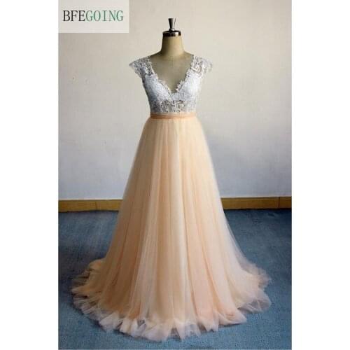 Simple Tulle Lace V-Neck Bridal Gown Floor-Length A-Line Wedding Dresses Court Train Custom Made