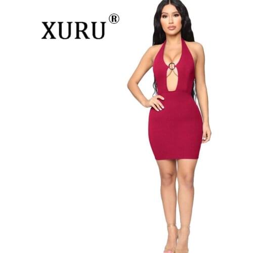 XURU nightclub sexy buckle deep V-neck dress summer new womens dress low-cut hanging neck backless Slim bag hip dress
