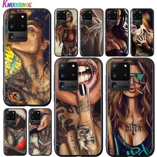 Sexy Sleeve Tattoo Girl For Samsung Galaxy S20 Ultra Plus A21S A01 A11 A21 A31 A41 A51 A71 5G A91 Bright Black Phone Case