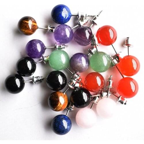 Natural stone mixed Stud Earrings Crystal Quartzs Round Ball Beads Silver Color Fashion Ear Jewlry for Women Girl 20pcs