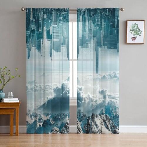 Snow Mountain City Sky Sheer Curtains for Living Room Bedroom Kitchen Chiffon Tulle Curtains Home Hotel Coffee Decor