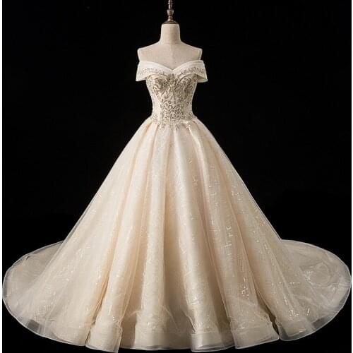 Vestidos De Noiva 2021 Elegant Champagne Suknia Slubna Wedding Dress Tulle Appliques Beaded Princess Lace Wedding Gown Trouwjurk